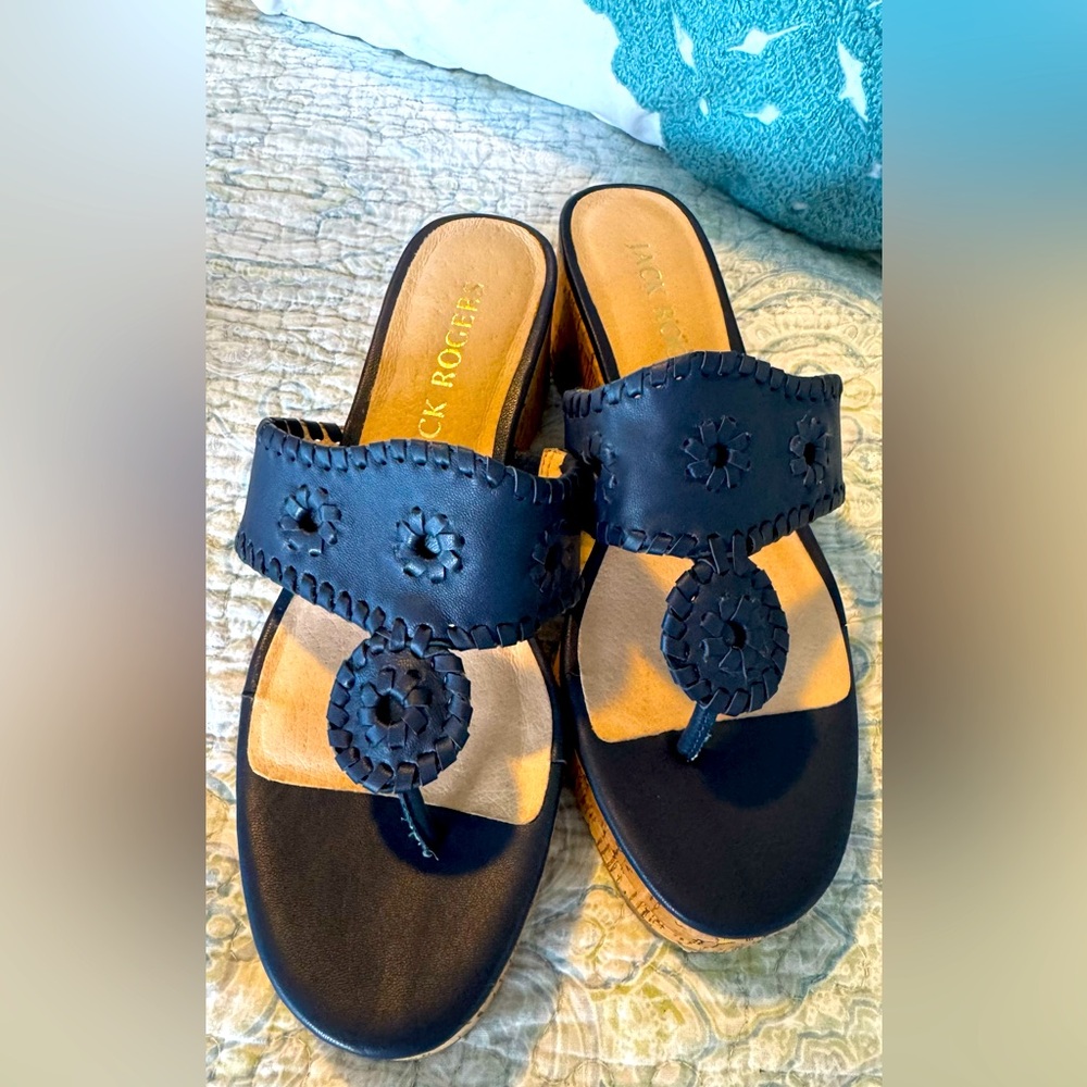 Jack Rogers Mid Wedge Cork Leather Sandals Midnight Navy Blue Women’s 7